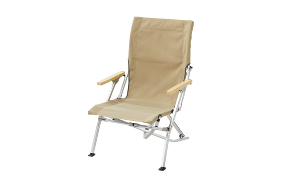 A tan folding chair with wooden arm rests on a white background